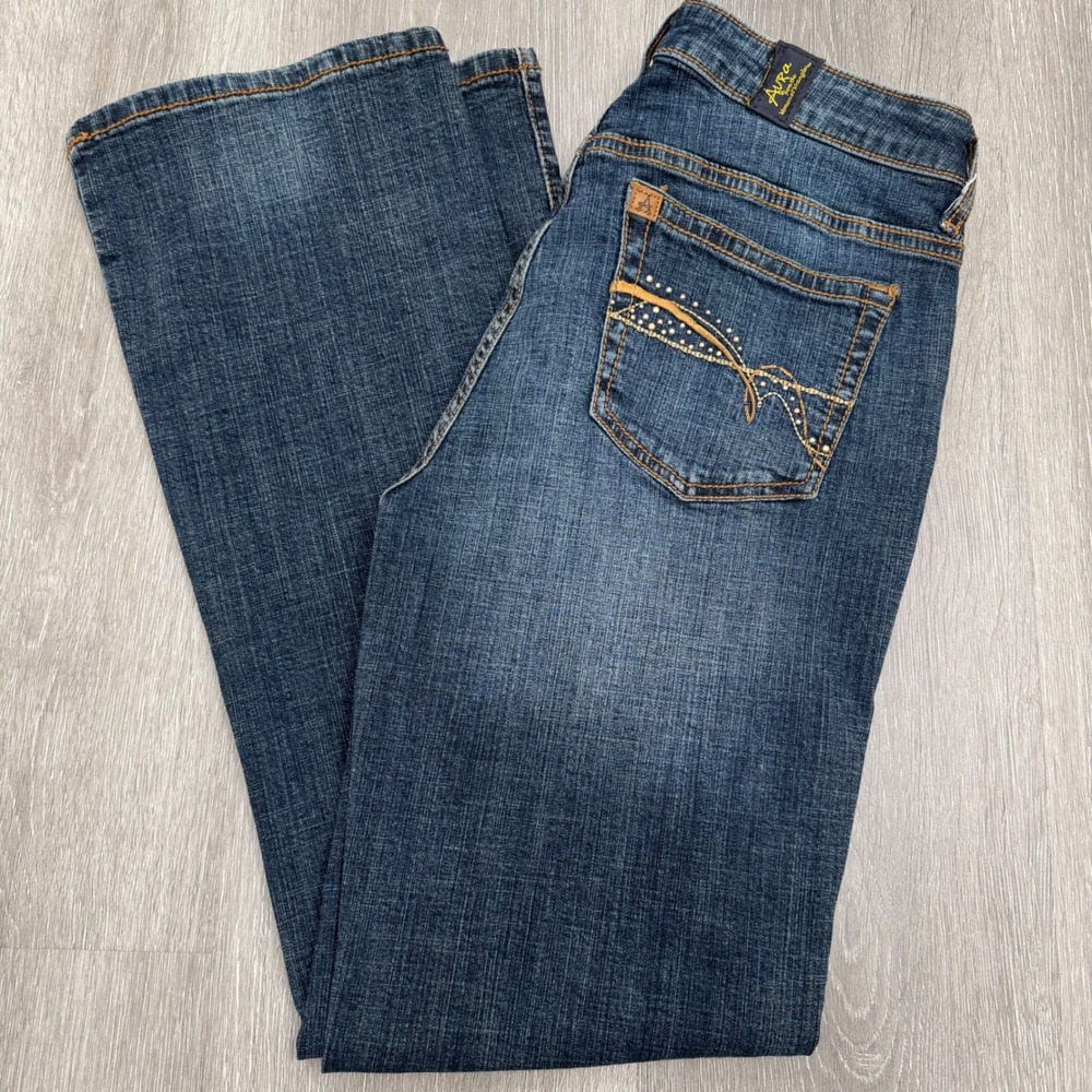 Aura Bootcut Jeans Embellished Pockets Flare Dark Wash Denim Women Size 2 Short